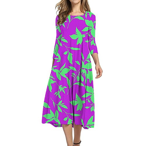 

Women's Casual Dress Shift Dress Midi Dress Green Blue Purple 3/4 Length Sleeve Floral Ruched Fall Spring Autumn Crew Neck 2022 S M L XL XXL 3XL