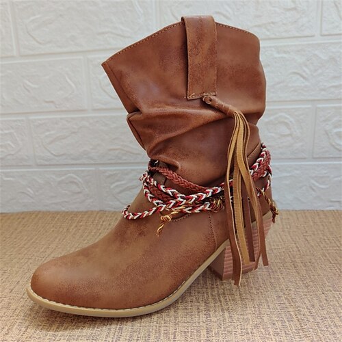 

Women's Boots Daily Cowboy Boots Slouchy Boots Booties Ankle Boots Winter Tassel Chunky Heel Round Toe Casual PU Leather Loafer Solid Colored Dark Brown Black Red