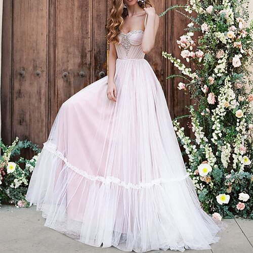 

A-Line Wedding Dresses Sweetheart Neckline Spaghetti Strap Sweep / Brush Train Tulle Sleeveless Formal Romantic Sexy Backless with Pleats Beading 2022