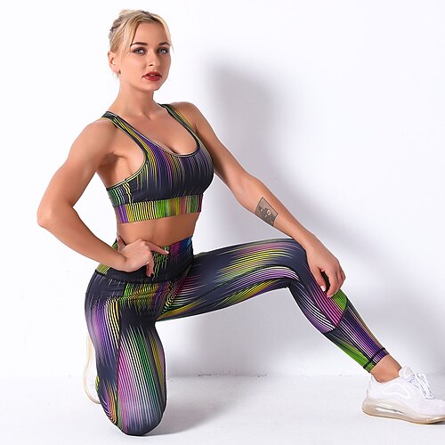 

Women's Activewear Set Sports Bra with Tights Yoga Suit 2 Piece Cropped Stripes Sports Bra Leggings Violet YellowBlue Yoga Fitness Gym Workout Tummy Control Butt Lift Breathable Sport Activewear