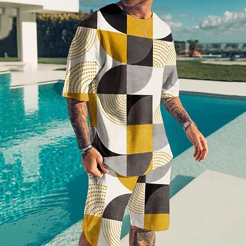

Men's T-shirt Suits Tennis Shirt Graphic Geometric Crew Neck Yellow Red Brown Navy Blue BlackWhite 3D Print Street Daily Short Sleeve Print Clothing Apparel 2pcs Basic Fashion Lightweight Casual