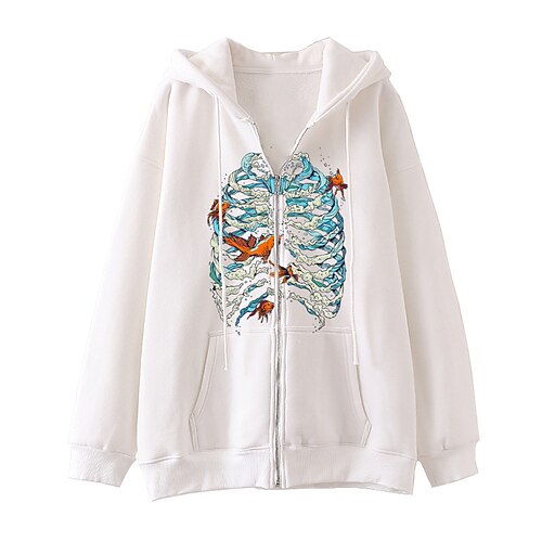 

Women's Hoodie Jacket Warm Breathable Outdoor Daily Wear Vacation Going out Pocket Print Zipper Hoodie Vintage Sports Street Style Halloween Skull Regular Fit Outerwear Long Sleeve Winter Fall Black