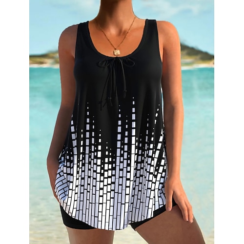 

Women's Swimwear Tankini 2 Piece Normal Swimsuit High Waisted Geometic Black Padded Bathing Suits Sports Vacation Sexy / New