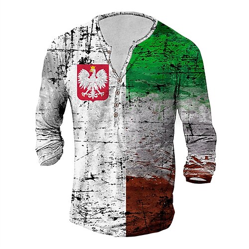 

Men's Henley Shirt T shirt Tee 3D Print Graphic Patterned National Flag Henley Street Daily Button-Down Print Long Sleeve Tops Casual Fashion Comfortable Green / White