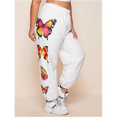 

Women's Casual / Sporty Athleisure Jogger Sweatpants Elastic Drawstring Design Print Full Length Pants Leisure Sports Weekend Micro-elastic Butterfly Comfort Mid Waist White S M L XL XXL