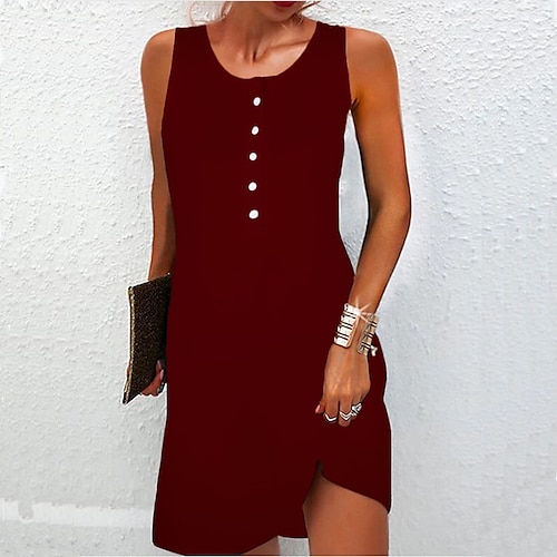 

Mulheres Vestido casual Preto Vermelho Cinzento Sem Manga Cor imaculada Botão Primavera Verão Gola Redonda Ajuste Largo 2022 S M L XL XXL