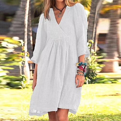 

Women's A Line Dress Short Mini Dress White Light gray Brown 3/4 Length Sleeve Pure Color Ruched Fall Spring V Neck Casual Classic 2022 S M L XL XXL 3XL