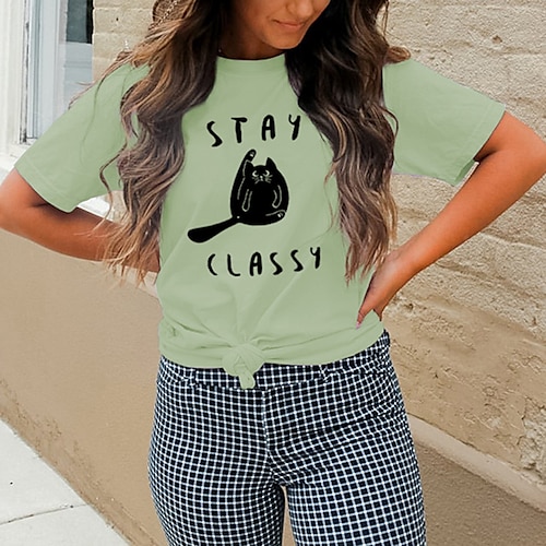 

Women's T shirt Tee Pink Light Green White Cat Text Print Short Sleeve Casual Weekend Basic Round Neck Regular Cotton Cat Painting S