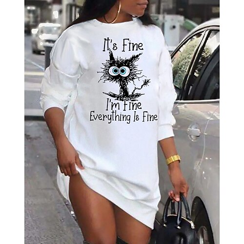 

Women's Shift Dress Short Mini Dress White Long Sleeve Cat Letter Animal Print Fall Spring Crew Neck Casual Fashion 2022 S M L XL XXL 3XL