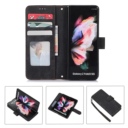 

Phone Case For Samsung Galaxy Wallet Card Z Fold 3 Wallet with Phone Strap Card Holder Slots Lines / Waves Solid Colored PC PU Leather