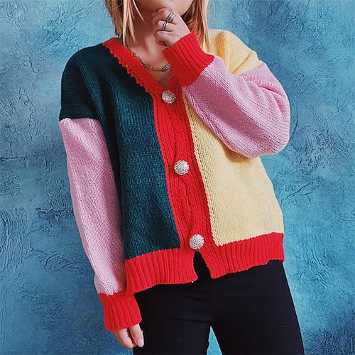 

Women's Cardigan Sweater Jumper Ribbed Knit Knitted Button Color Block V Neck Stylish Casual Daily Going out Fall Winter Pink Yellow S M L / Long Sleeve