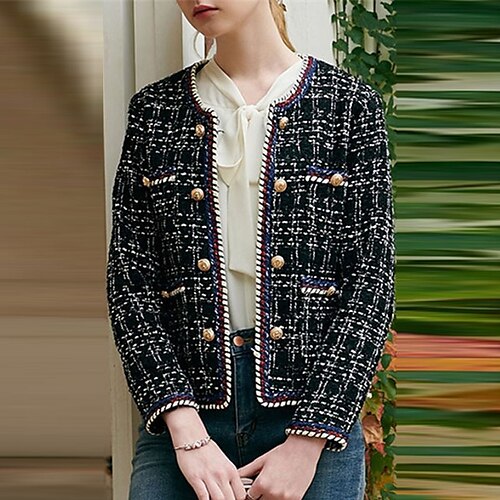 

Women's Blazer Daily Wear to work Going out Fall Winter Regular Coat Regular Fit Windproof Warm Streetwear Elegant Jacket Long Sleeve Plaid / Check Pocket Stylish Black