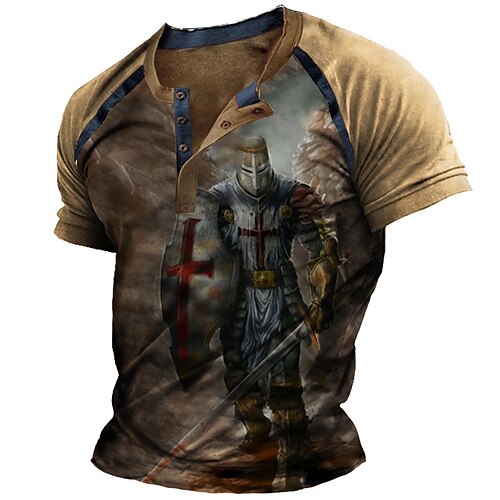 

Men's Henley Shirt T shirt Tee Tee Graphic Templar Cross Soldier Henley Green Blue Purple Yellow Brown 3D Print Plus Size Outdoor Daily Short Sleeve Button-Down Print Clothing Apparel Basic Designer