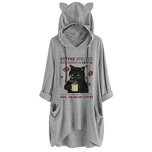 

Women's Shift Dress Short Mini Dress Gray Long Sleeve Fall Cat Letter Animal Pocket Print Fall Spring Hooded Casual 2022 S M L XL XXL 3XL