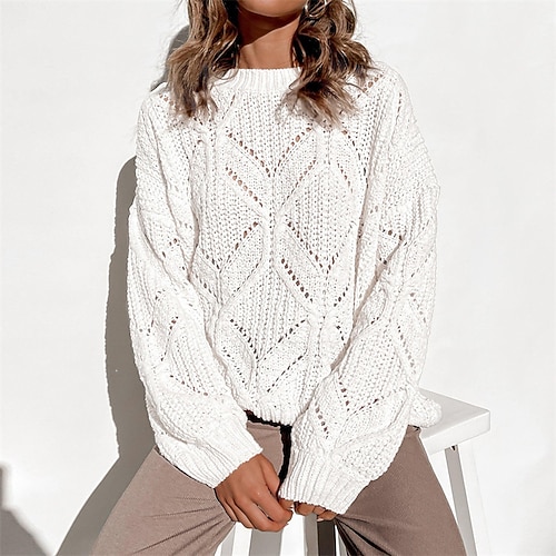 

Women's Pullover Sweater Jumper Cable Chunky Knit Knitted Hole Solid Color Crew Neck Stylish Casual Daily Going out Drop Shoulder Fall Spring White Wine One-Size / Long Sleeve / Regular Fit
