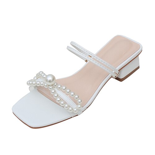 

Women's Sandals Pearl Block Heel Open Toe Elegant Sweet Daily Office Faux Leather Loafer Spring Summer Solid Colored White