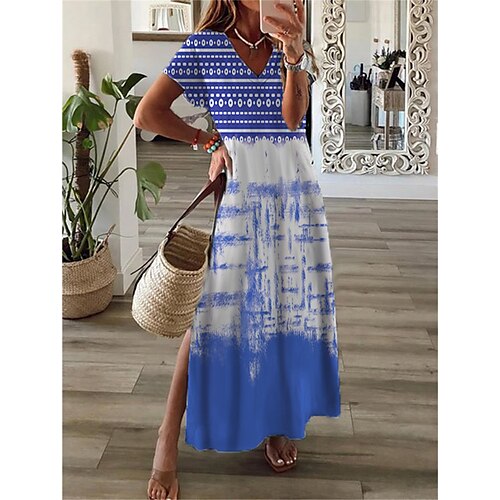 

Women's Shift Dress Maxi long Dress Blue Purple Yellow Wine Orange Short Sleeve Striped Tie Dye Split Print Spring Summer V Neck Casual Vacation 2022 S M L XL XXL 3XL