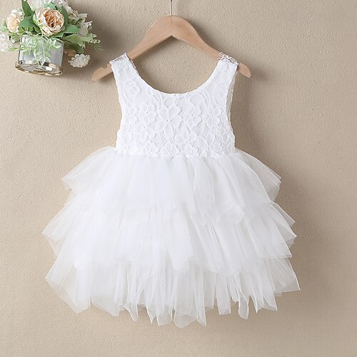 

Toddler Little Girls' Dress Solid Colored Mesh Lace Hole White Beige Above Knee Sleeveless Beautiful Cute Dresses Fall Winter Regular Fit 1 PC 2-6 Years
