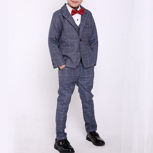 

3 Pieces Kids Boys Suit & Blazer Shirt & Pants Clothing Set Outfit Plaid Long Sleeve Cotton Set School Preppy Style Summer 3-10 Years Blue Red Gray