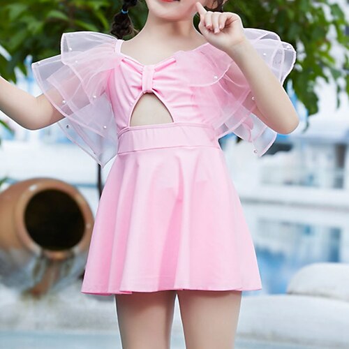 

Kids Girls' Swimwear One Piece Swimsuit Ruched Swimwear Solid Colored Short Sleeves Blue Pink Outdoor Swimming Active Bathing Suits 3-8 Years