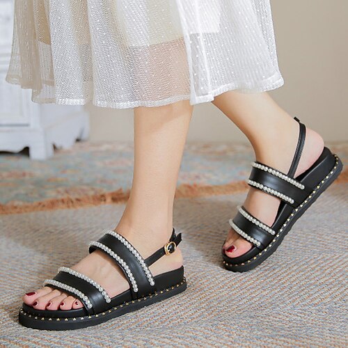 

Women's Sandals Flat Sandals Pearl Flat Heel Open Toe Elegant Sweet Daily Office Faux Leather Buckle Spring Summer Solid Colored Almond Black