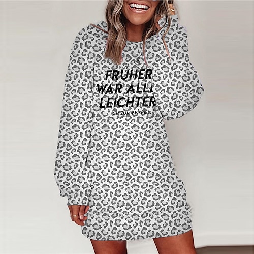 

Women's Shift Dress Short Mini Dress White Long Sleeve Print Leopard Print Fall Spring Round Neck Casual 2022 S M L XL XXL 3XL