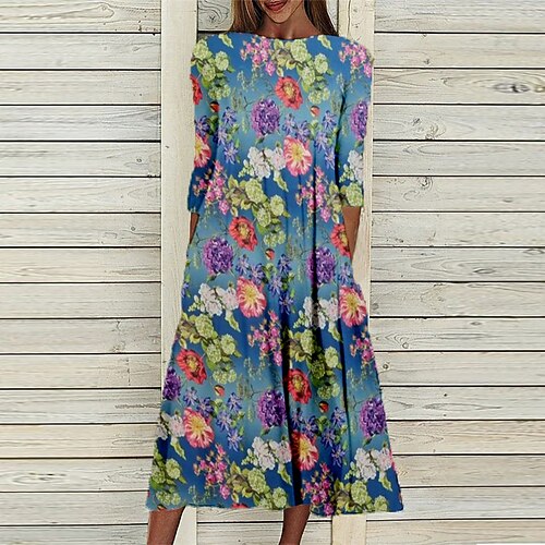 

Women's Shift Dress Midi Dress Green Blue Purple 3/4 Length Sleeve Floral Ruched Print Fall Spring Round Neck Casual Vacation 2022 S M L XL XXL 3XL