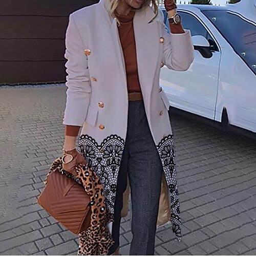 

Women's Coat Long Stylish Coat White Business Daily Spring Double Breasted Lapel Regular Fit S M L XL 2XL 3XL