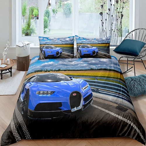 

Juego de ropa de cama con funda de edredón para automóvil deportivo en 3D, funda de edredón con 1 funda de edredón o cobertor, 1 sábana, 2 fundas de almohada para cama doble/reina/rey (1 funda de