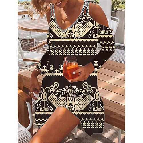 

Women's A Line Dress Short Mini Dress Yellow 3/4 Length Sleeve Floral Sequins Cold Shoulder Print Fall Spring Spaghetti Strap Casual Fashion 2022 S M L XL XXL 3XL
