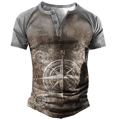 

Men's Henley Shirt Tee T shirt Tee 3D Print Graphic Patterned Compass Plus Size Henley Daily Sports Patchwork Button-Down Short Sleeve Tops Designer Basic Casual Classic Brown / Summer