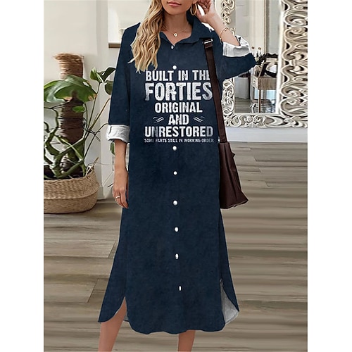 

Women's Shift Dress Midi Dress Gray Navy Blue 3/4 Length Sleeve Letter Button Print Fall Spring Shirt Collar Casual Fashion 2022 S M L XL XXL 3XL