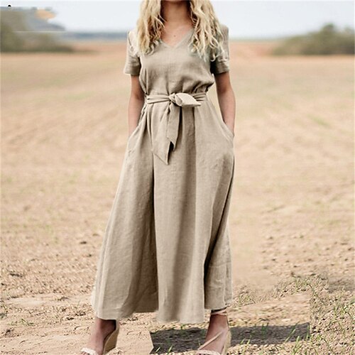 

Women's Swing Dress Maxi long Dress Green Khaki Navy Blue Short Sleeve Pure Color Lace up Pocket Spring Summer V Neck Casual 2022 S M L XL XXL 3XL 4XL 5XL