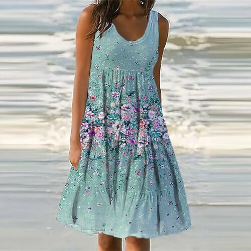 

Women's Shift Dress Knee Length Dress Green Blue Gray Purple Pink Sleeveless Floral Pocket Print Spring Summer U Neck Casual Vacation 2022 S M L XL XXL 3XL