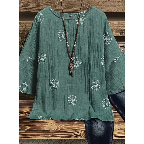 

Women's Plus Size Tops Blouse Graphic Print Long Sleeve Round Neck Vintage Daily Vacation Linen Fall Spring Dark Green