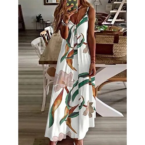 

Women's A Line Dress Maxi long Dress White Short Sleeve Floral Print Spring Summer Spaghetti Strap Stylish Elegant Vacation 2022 S M L XL XXL 3XL