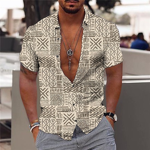 

Men's Shirt 3D Print Geometry Turndown Street Casual Button-Down Print Short Sleeves Tops Designer Casual Fashion Breathable Khaki / Summer