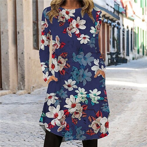 

Women's Shift Dress Knee Length Dress Green Blue Long Sleeve Floral Pocket Print Fall Spring Crew Neck Casual Vacation 2022 S M L XL XXL 3XL