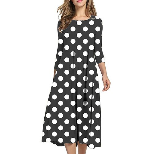

Women's Shift Dress Midi Dress White Black 3/4 Length Sleeve Polka Dot Ruched Print Fall Spring Round Neck Casual Vacation 2022 S M L XL XXL 3XL