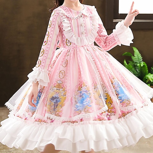 

Enfants Fille Robe Graphic Bande dessinée manche longue du quotidien Maille Imprimer Le style mignon Magnifique Coton Asymétrique Robe Trapèze Eté Printemps 3-12 ans Rose Claire