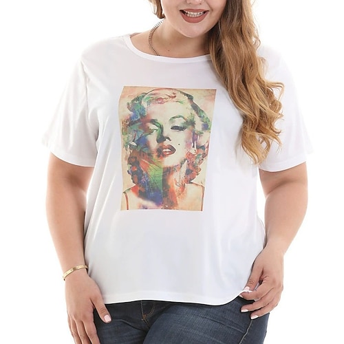 

Women's Plus Size Tops T shirt Tee Portrait Print Short Sleeve Crewneck Streetwear Daily Going out Polyester Spring Summer White