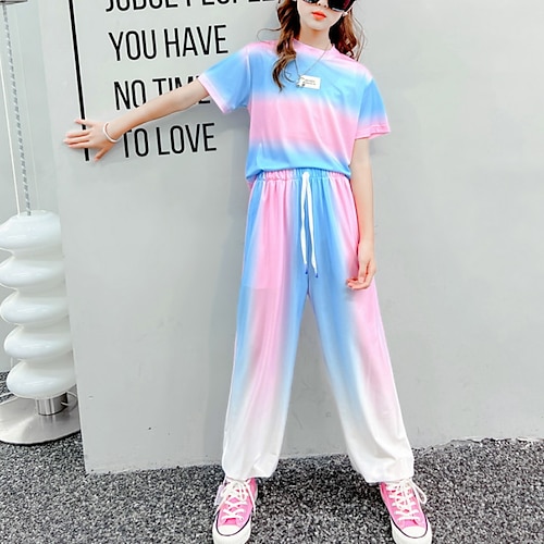 

Kids Girls' T-shirt Pants Clothing Set 2 Pieces Short Sleeve Green Pink Gradient Ramp Ruched Street Outdoor Cute Sweet Regular 4-13 Years