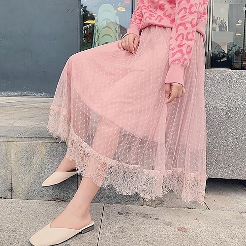 

Women's Skirt Maxi Polyester Blue Pink White Black Skirts Spring & Summer Lace Ruffle Layered Fashion Elegant Casual Daily Festival One-Size