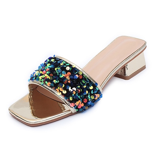 

Women's Sandals Flat Sandals Sparkly Sandals Sequin Cuban Heel Open Toe Elegant Sweet Daily Office PU Leather Loafer Spring Summer Solid Colored Gold
