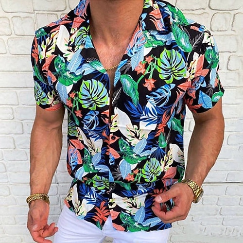 

Men's Shirt Print Leaves Turndown Street Daily Button-Down Print Short Sleeve Tops Casual Fashion Breathable Comfortable Green