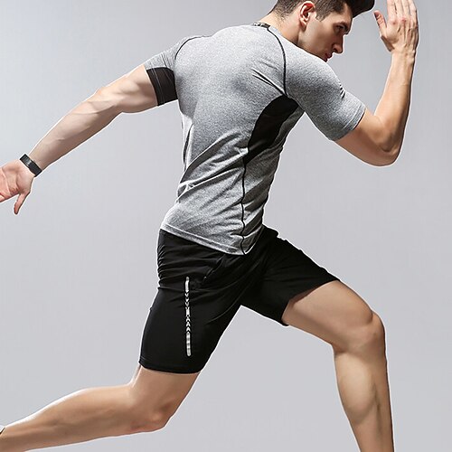 

Men's Tracksuit Sweatsuit 2 Piece Athletic Spandex Breathable Quick Dry Moisture Wicking Fitness Running Jogging Sportswear Activewear Striped Black Dark Gray Light Grey