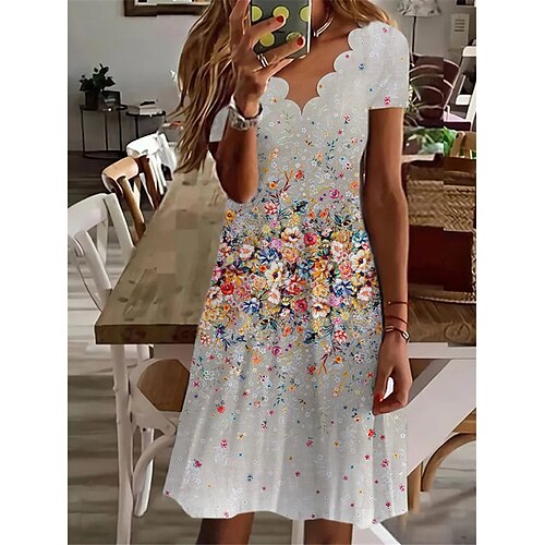 

Women's Shift Dress Knee Length Dress Gray Short Sleeve Floral Print Spring Summer V Neck Casual Vacation 2022 S M L XL XXL 3XL