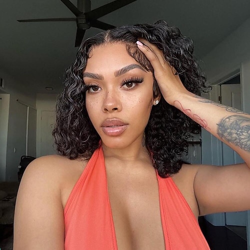

Short Curly Human Hair Wigs Bob Deep Curly Wave Lace Front Human Hair Wig 13x4 Transparent Human Hair Lace Frontal Closure Wigs