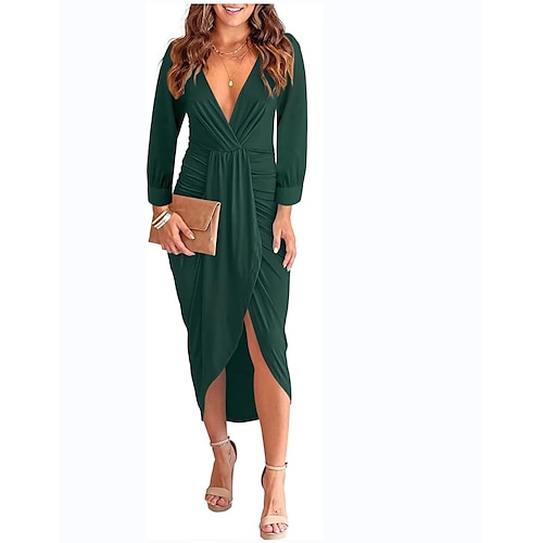 

Women's Sheath Dress Maxi long Dress Green White Black Pink Wine Army Green Lavender Navy Blue Light Blue Long Sleeve Solid Color Patchwork Fall V Neck Casual 2022 S M L XL XXL