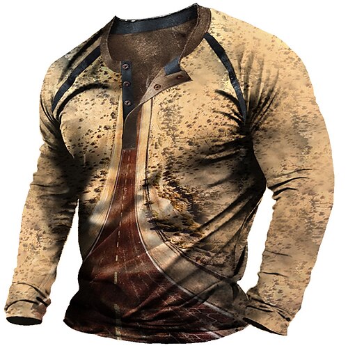 

Men's Henley Shirt T shirt Tee 3D Print Graphic Patterned Henley Street Casual Patchwork Button-Down Long Sleeve Tops Designer Basic Fashion Classic Brown / Summer
